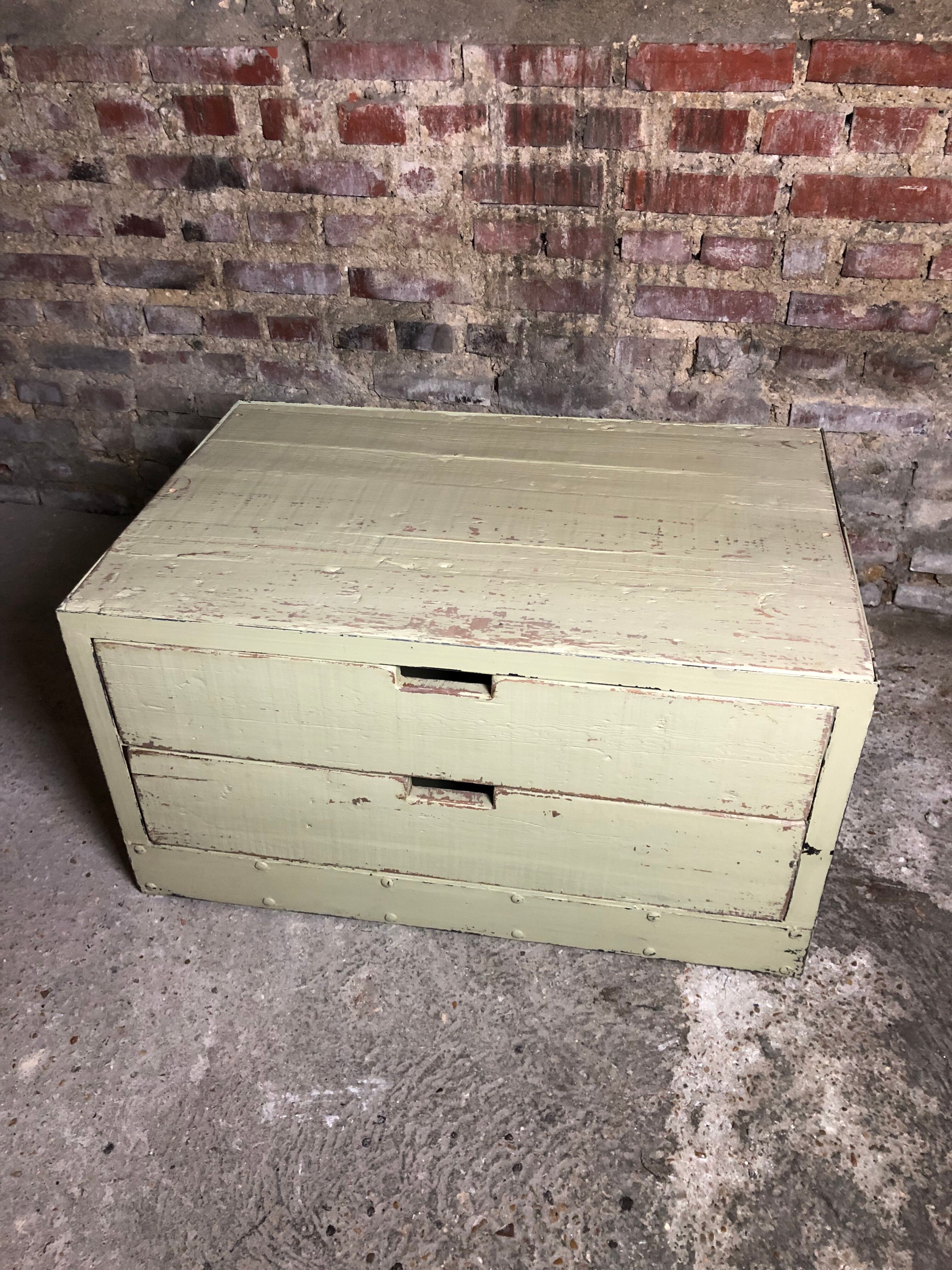 Storage / coffee table in wood and pastel green iron patina