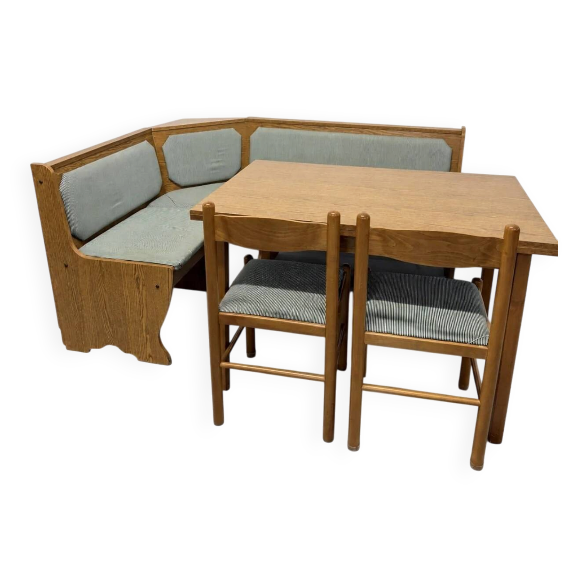 Ensemble vintage de coin repas en chêne — banquette, table extensible et 2 chaises