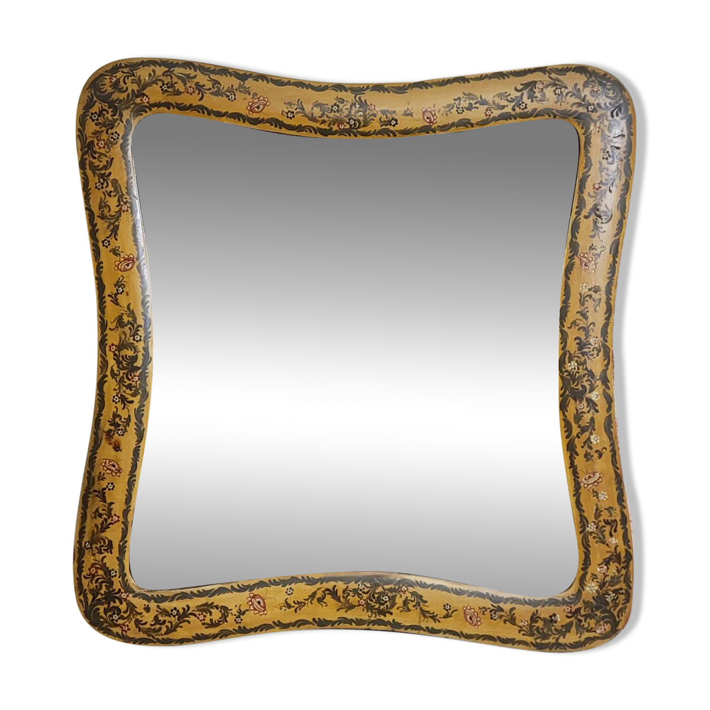 Important rectangular Venetian mirror with a richly painted wooden frame.