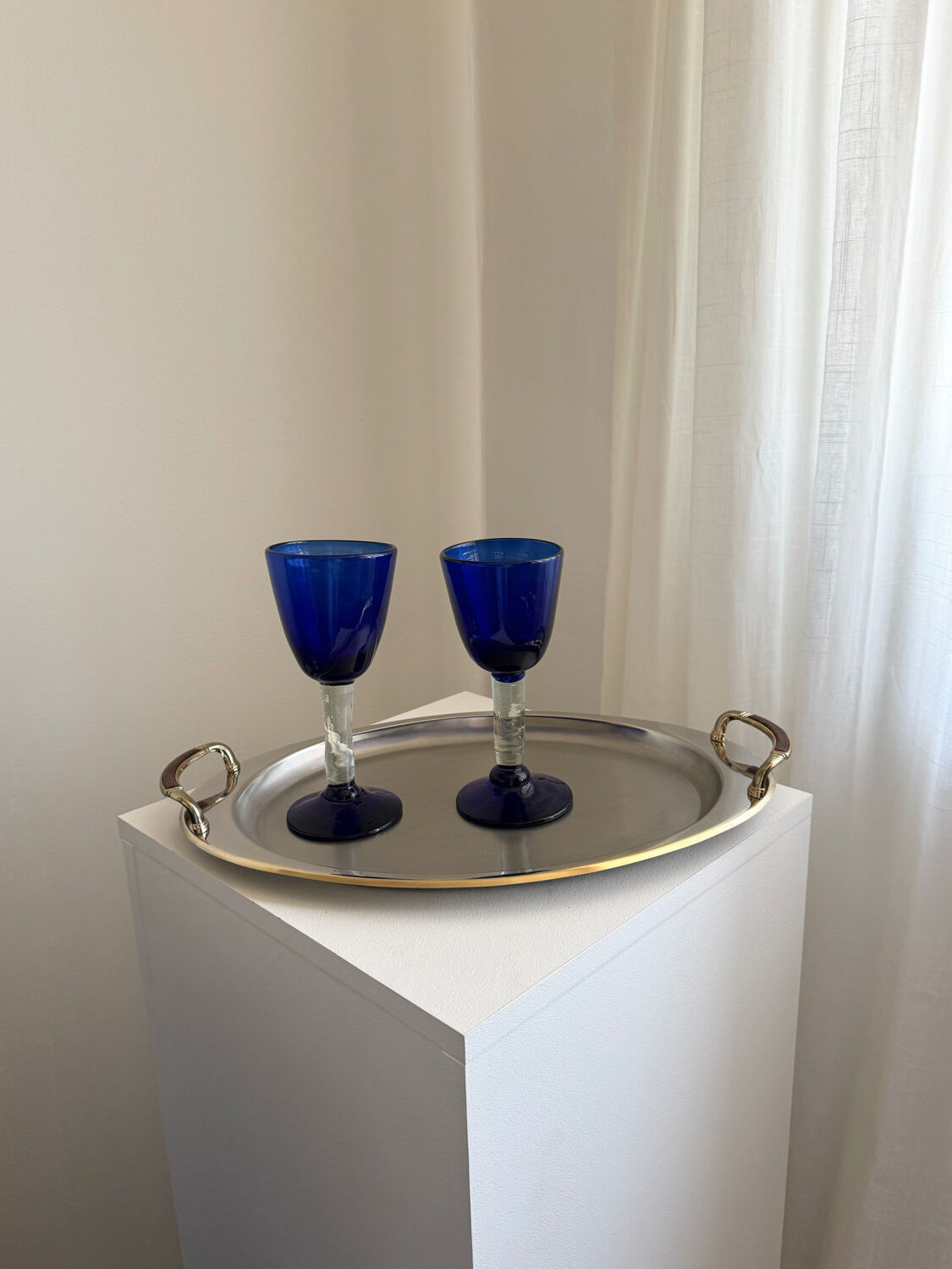 Vintage Stainless Steel Serving Tray With Gold Plated Handles