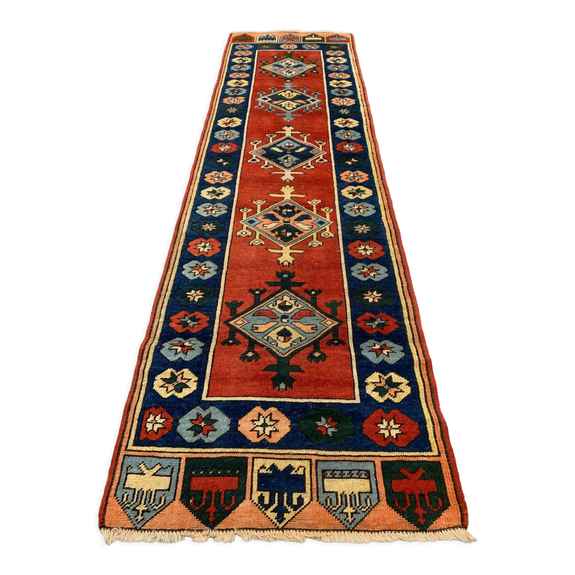 Vintage turkish runner 300x83 cm kazak rug, terracotta red, green, beige blue
