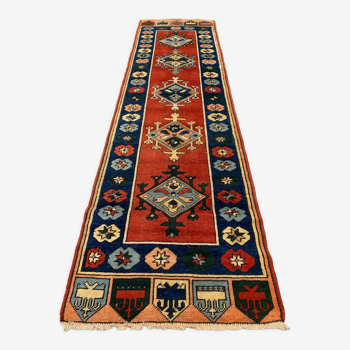 Vintage turkish runner 300x83 cm kazak rug, terracotta red, green, beige blue