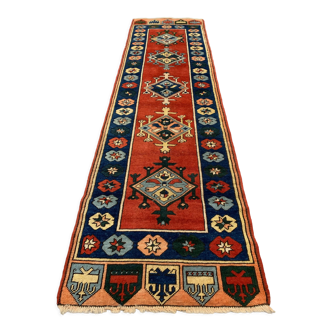 Vintage turkish runner 300x83 cm kazak rug, terracotta red, green, beige blue