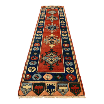 Vintage turkish runner 300x83 cm kazak rug, terracotta red, green, beige blue