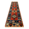 Vintage turkish runner 300x83 cm kazak rug, terracotta red, green, beige blue