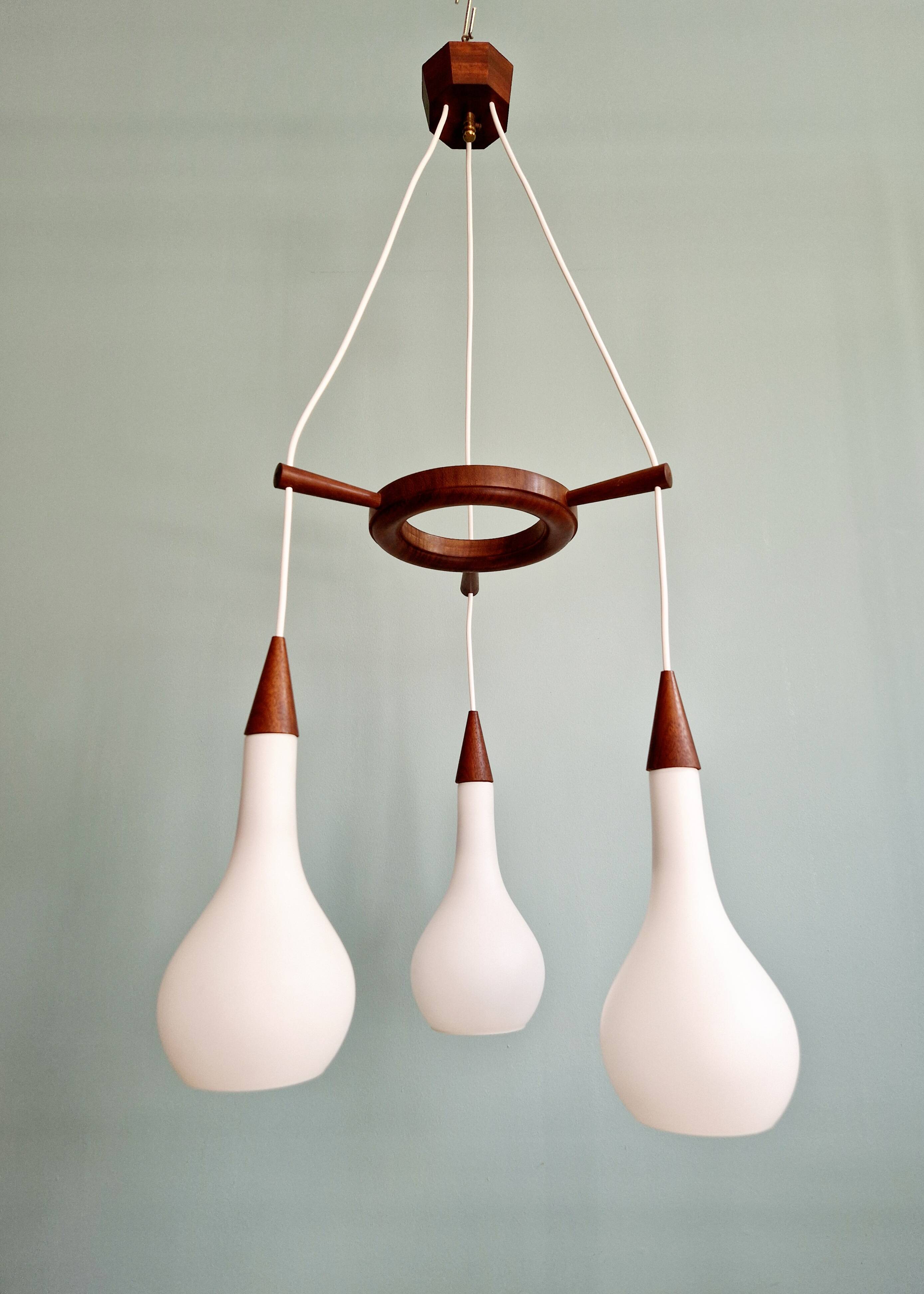 Scandinavian lustre cascade in teak and frosted white glass, 1960s