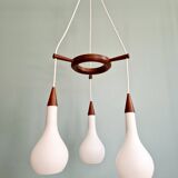 Scandinavian lustre cascade in teak and frosted white glass, 1960s