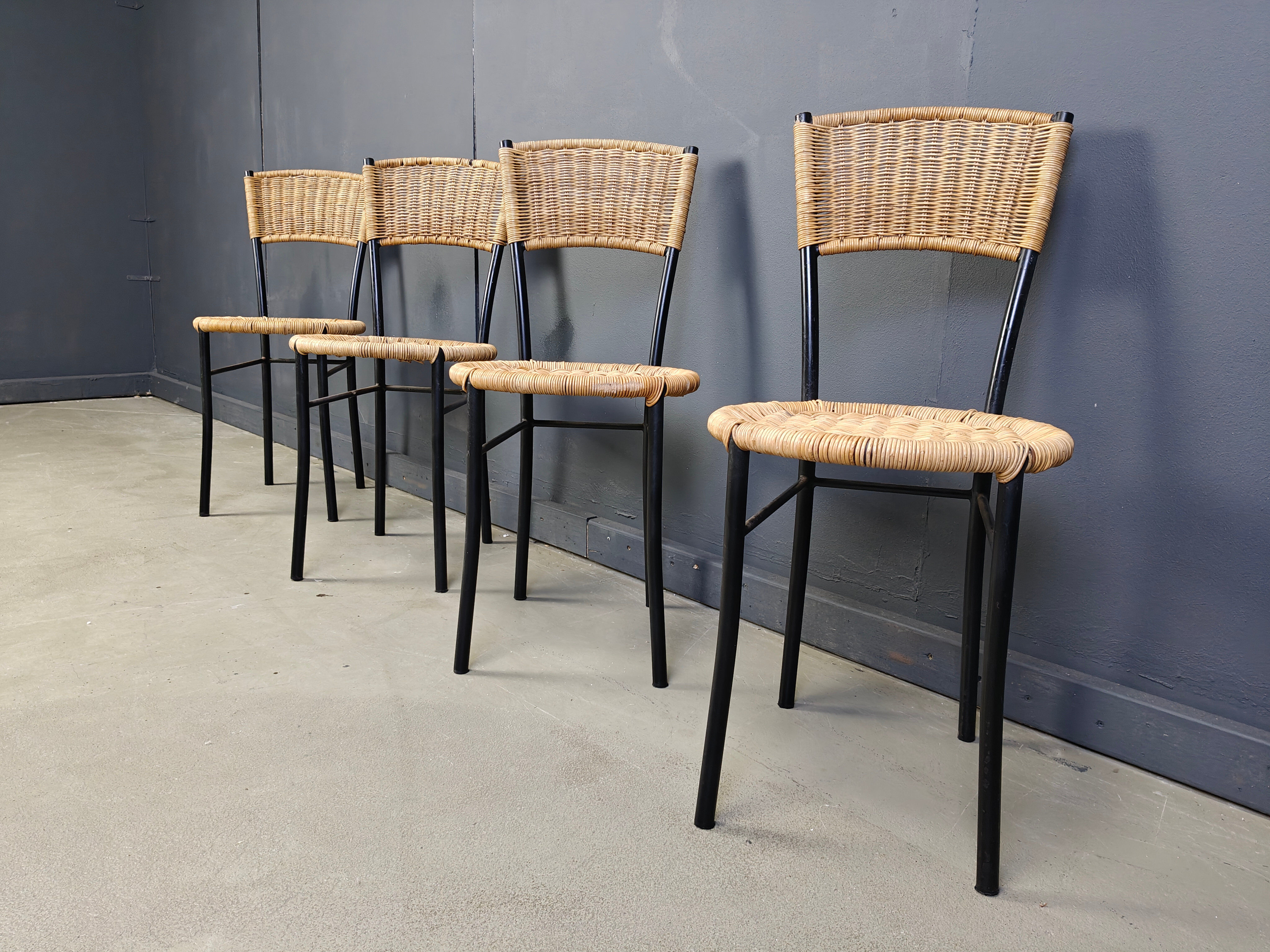 Wicker and metal dining chairs, 1980s - set of 4