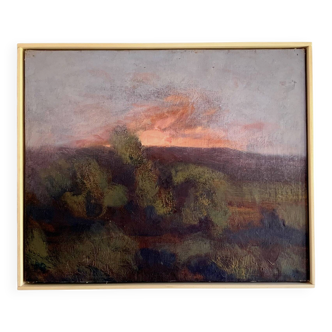 Vintage oil painting landscape on canvas Sunrise  by R. Grinberg