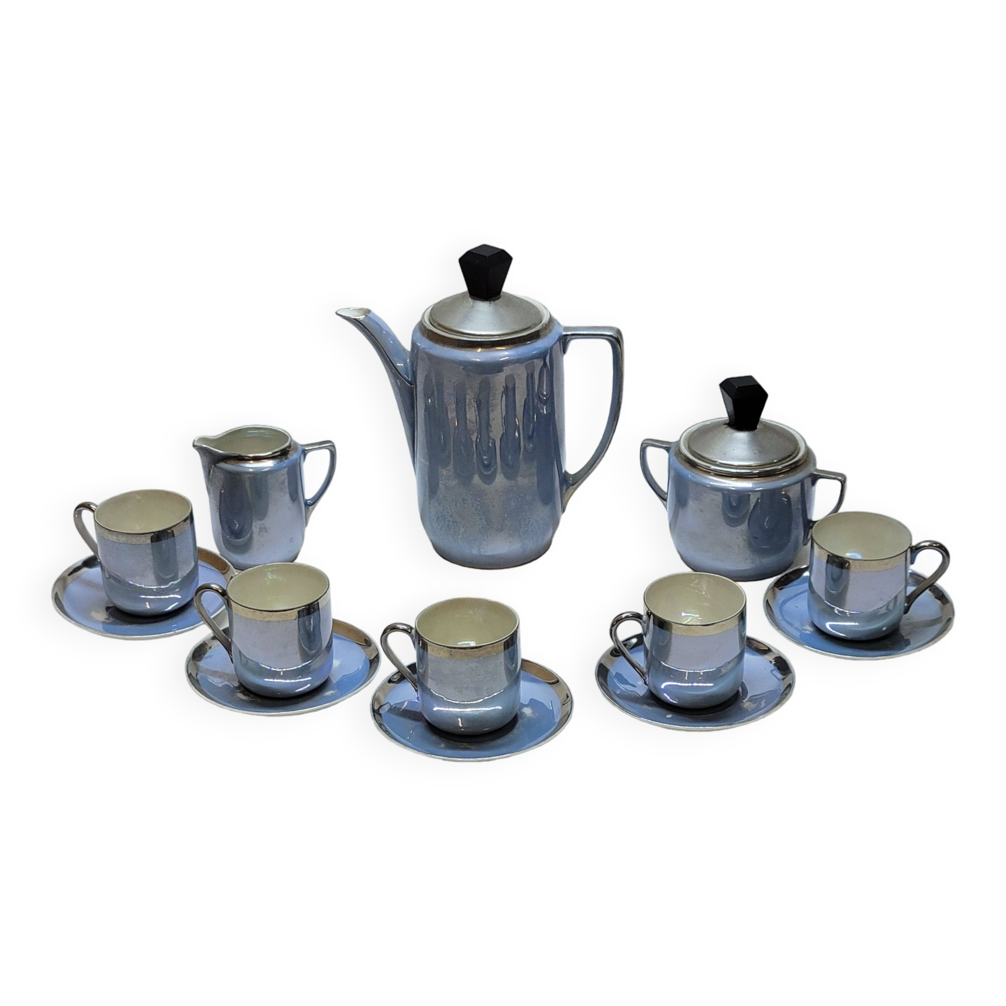 Art deco coffee service in fine iridescent blue porcelain, metal and wood