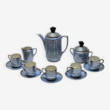 Art deco coffee service in fine iridescent blue porcelain, metal and wood