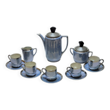 Art deco coffee service in fine iridescent blue porcelain, metal and wood