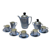 Service a café art déco en porcelaine fine bleu irisé, métal et bois