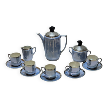 Art deco coffee service in fine iridescent blue porcelain, metal and wood