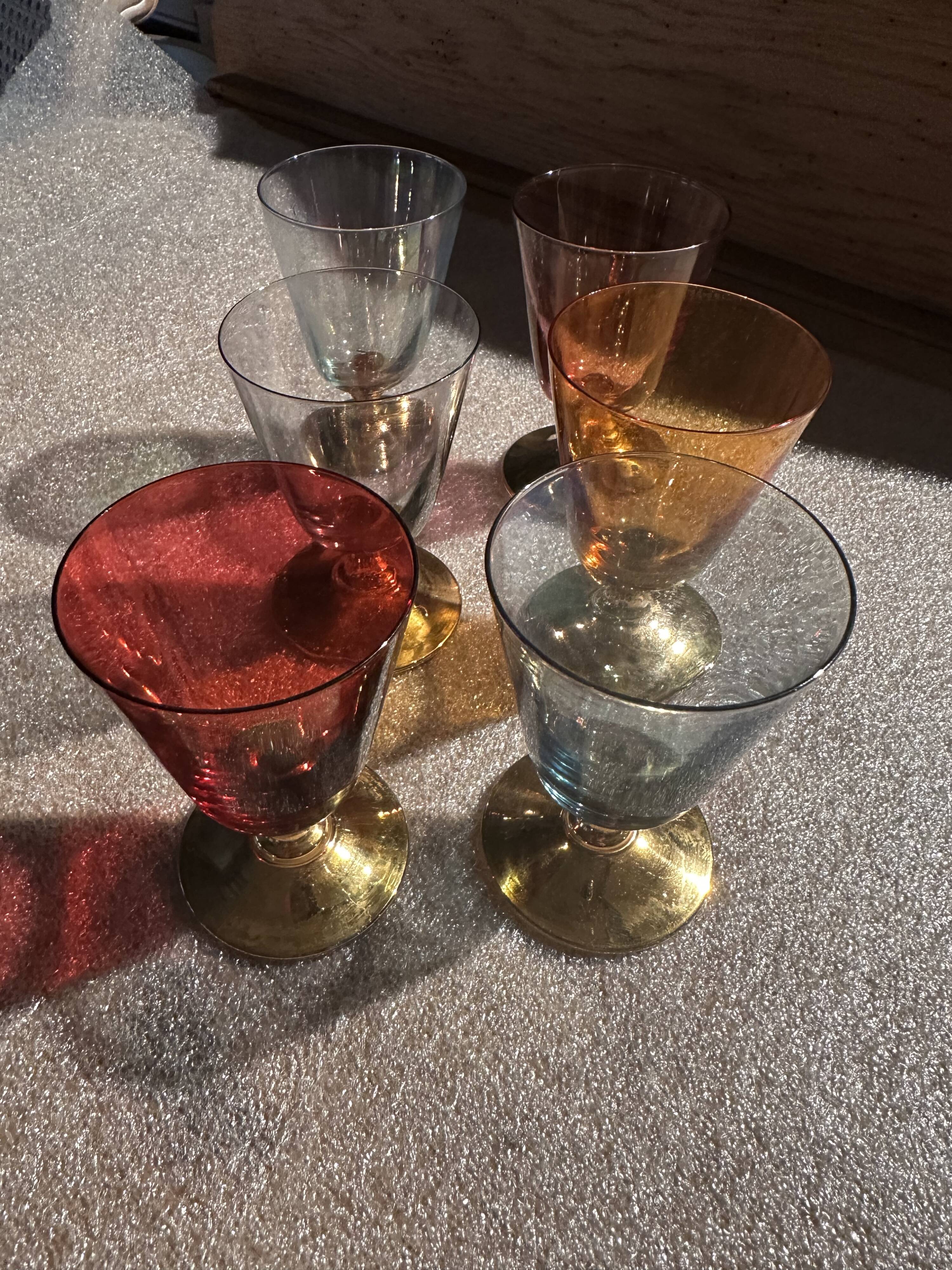 6 iridescent colored crystal liqueur glasses with gold stems / art-deco