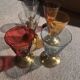 6 iridescent colored crystal liqueur glasses with gold stems / art-deco