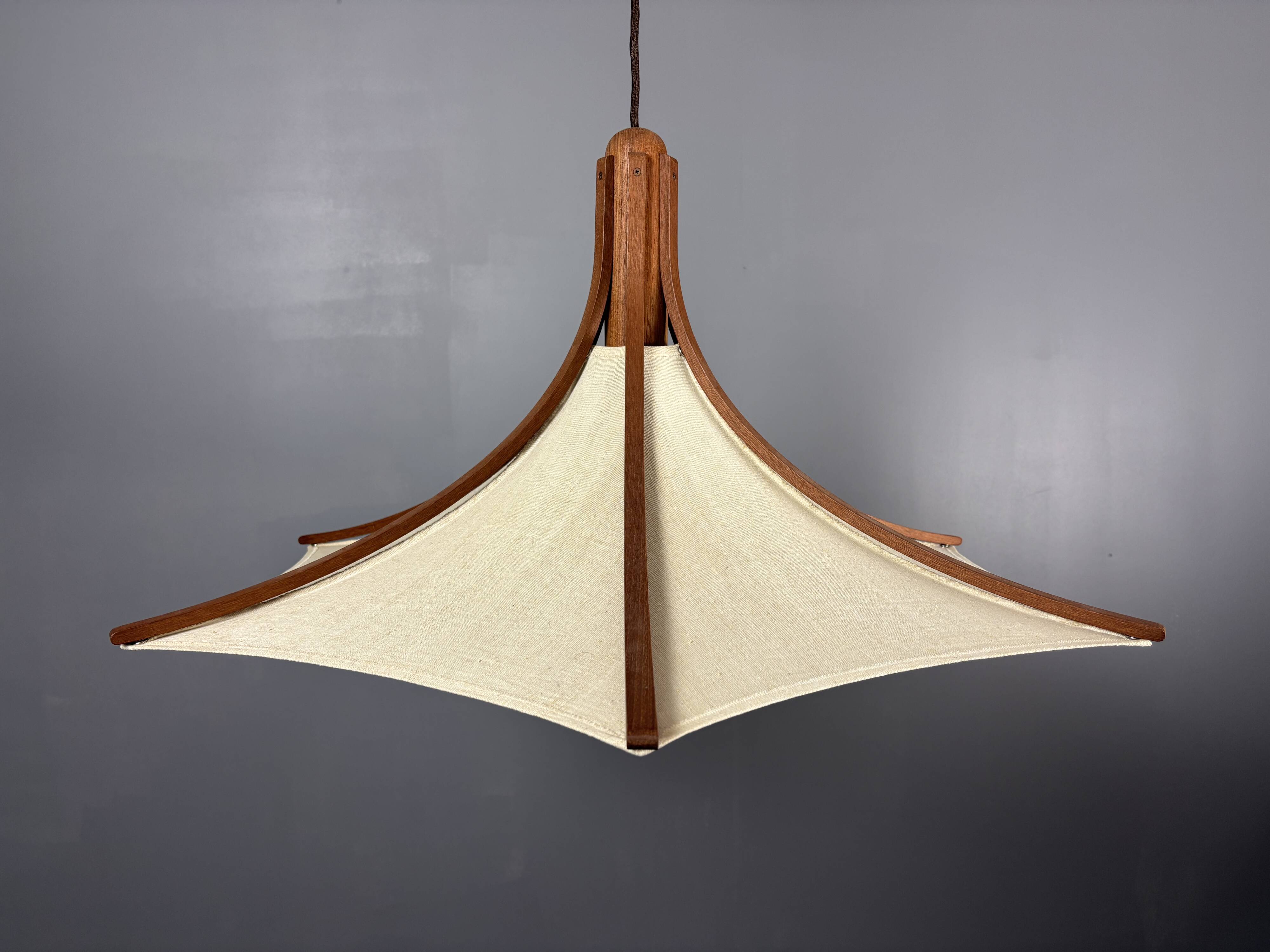 Teak And Linen Umbrella Counter Balance Pendant By Domus, 1970s