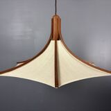 Teak And Linen Umbrella Counter Balance Pendant By Domus, 1970s