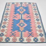 5x6 Blue & Pink Vintage Rug, Handmade Wool Turkish Rug, 141x184Cm
