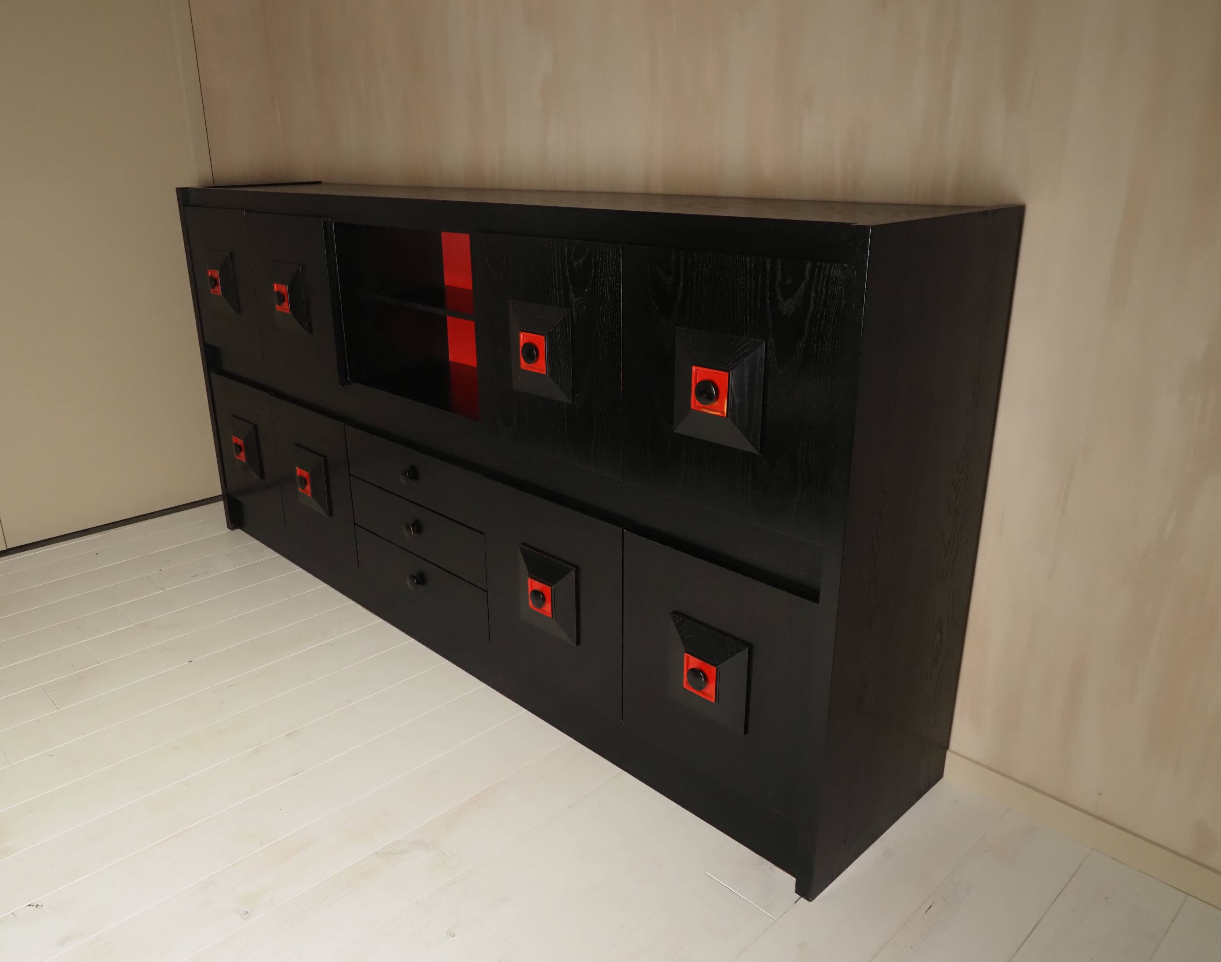 Brutalist Belgian buffet in black and red from the 1960s.