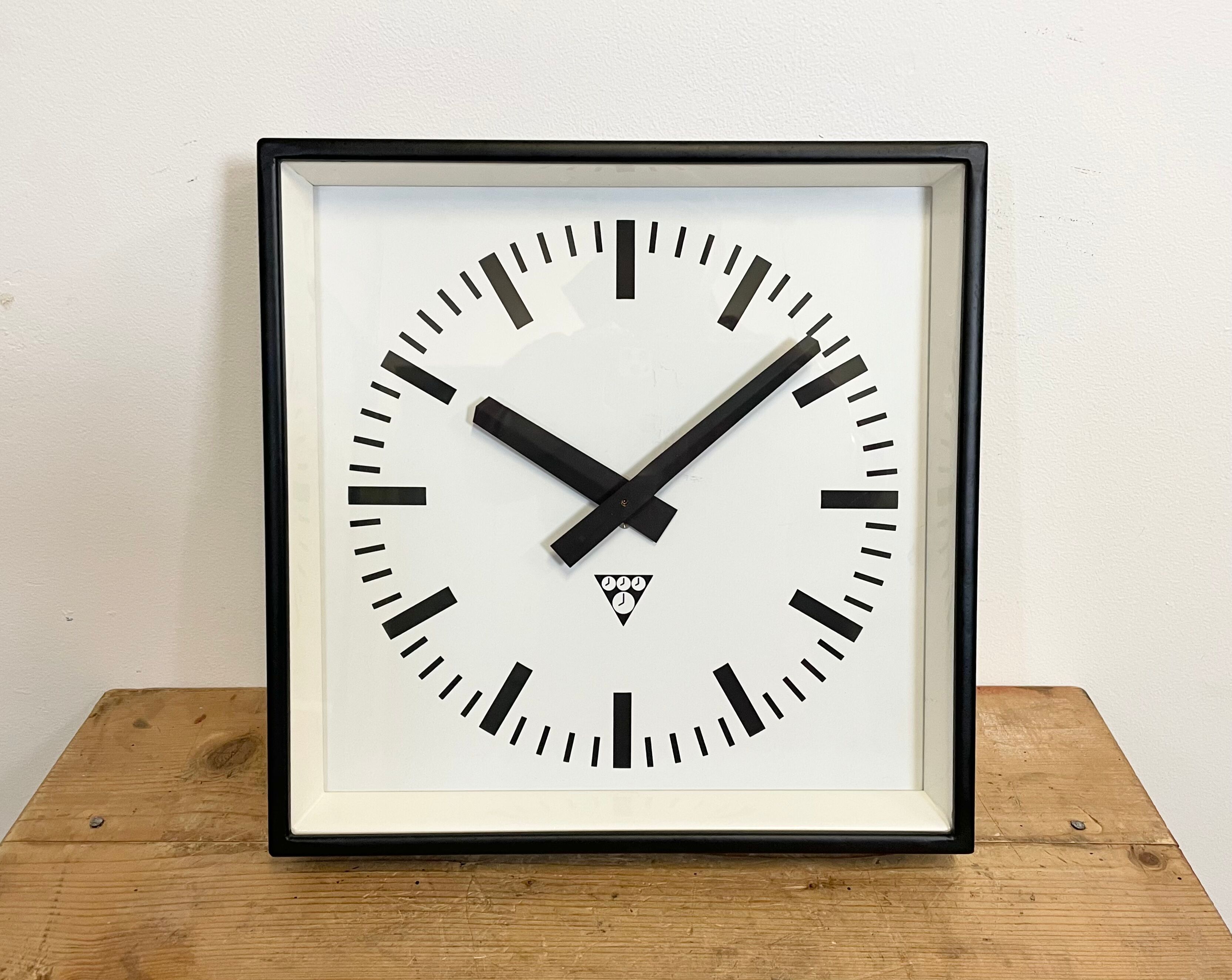 Black Industrial Square Wall Clock from Pragotron, 1970s