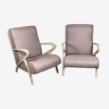 Chairs (pair) in curved rough oak and beige and brown woven mottled fabrics