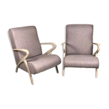 Chairs (pair) in curved rough oak and beige and brown woven mottled fabrics