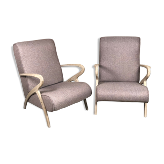 Chairs (pair) in curved rough oak and beige and brown woven mottled fabrics