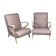 Chairs (pair) in curved rough oak and beige and brown woven mottled fabrics