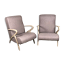 Fauteuils en chêne brut courbé et tissus chiné tissé beige et marron