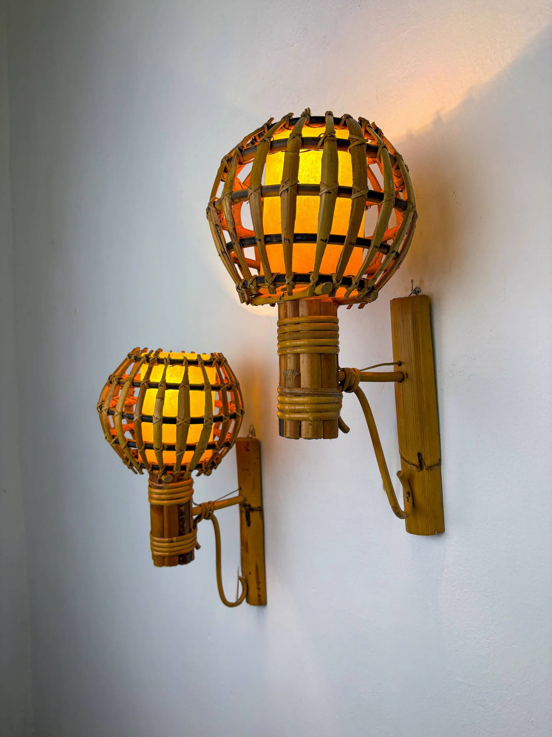 Pair of mid-century rattan wall sconces, Italy 1970s