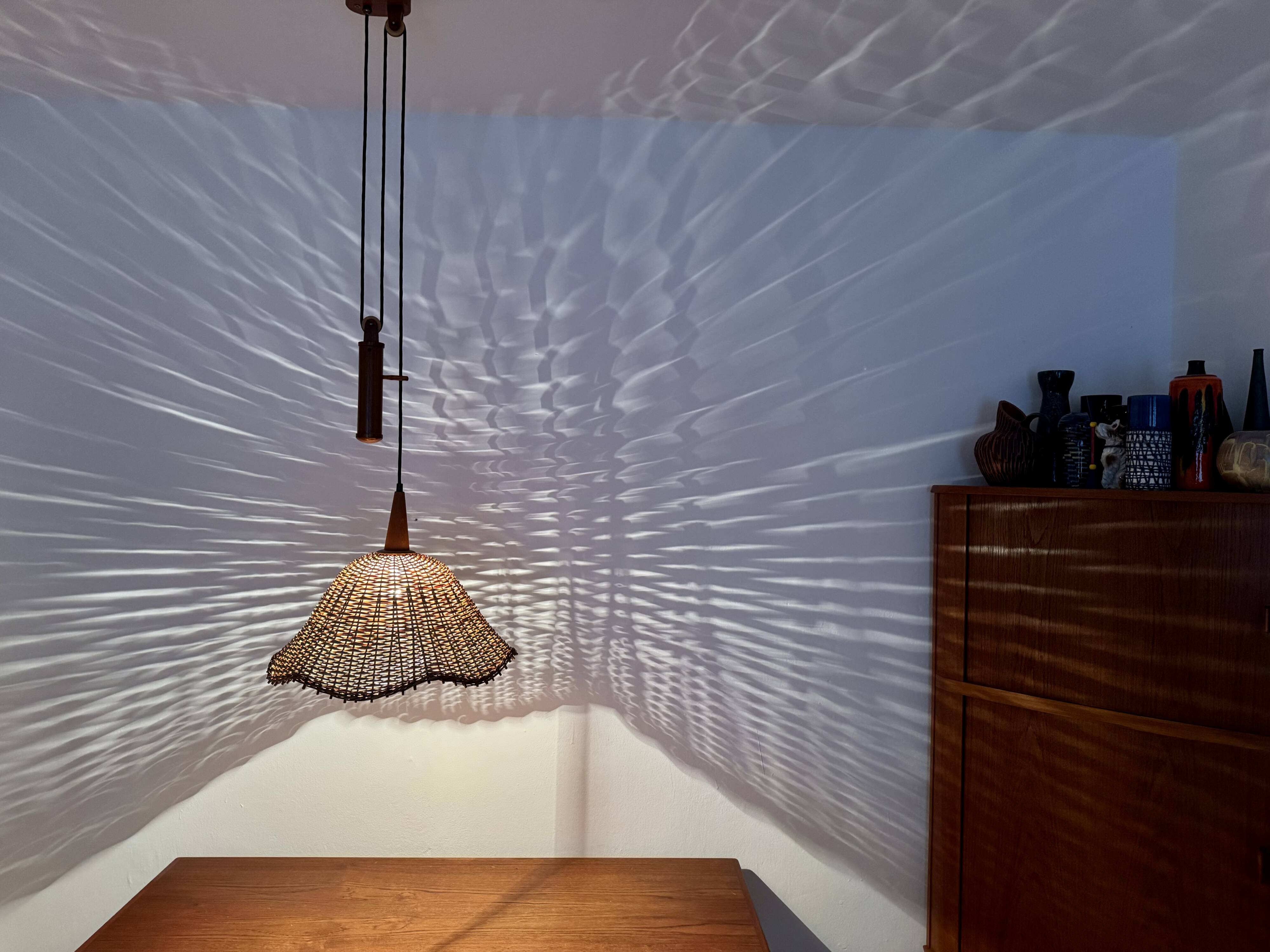 Adjustable Wicker and Teak Pendant Lamp