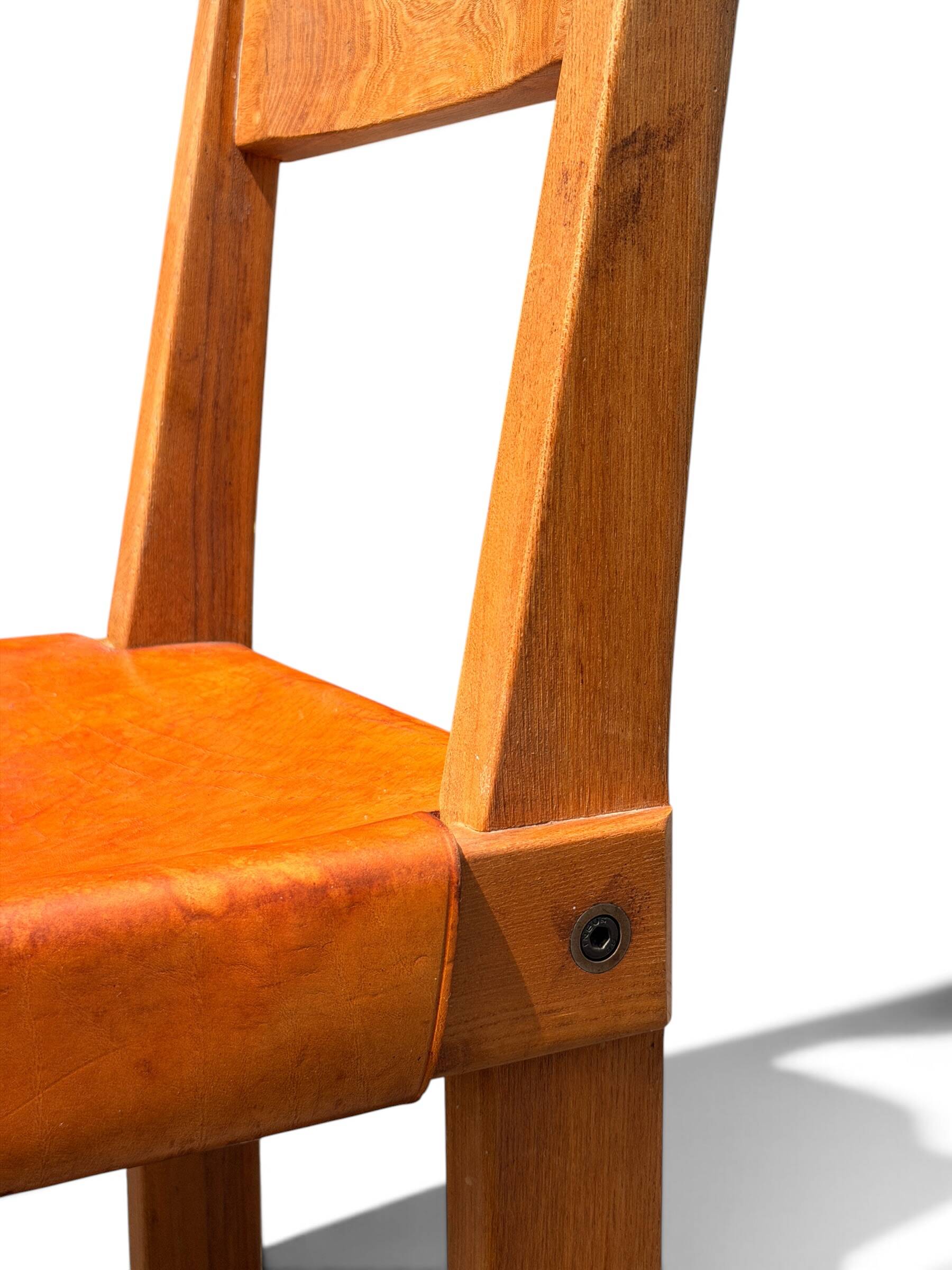 Chair S24 Pierre Chapo - Solid Elm & Cognac Leather Brutalist