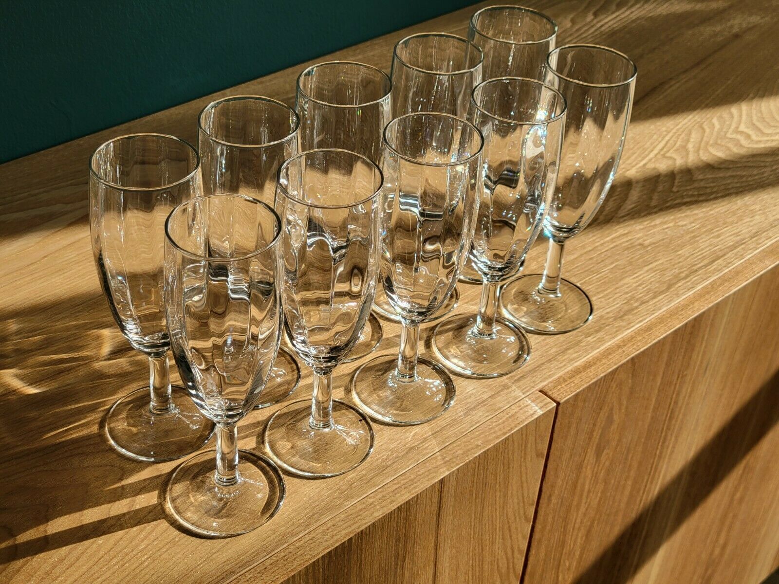 10 vintage champagne flutes in faceted glass