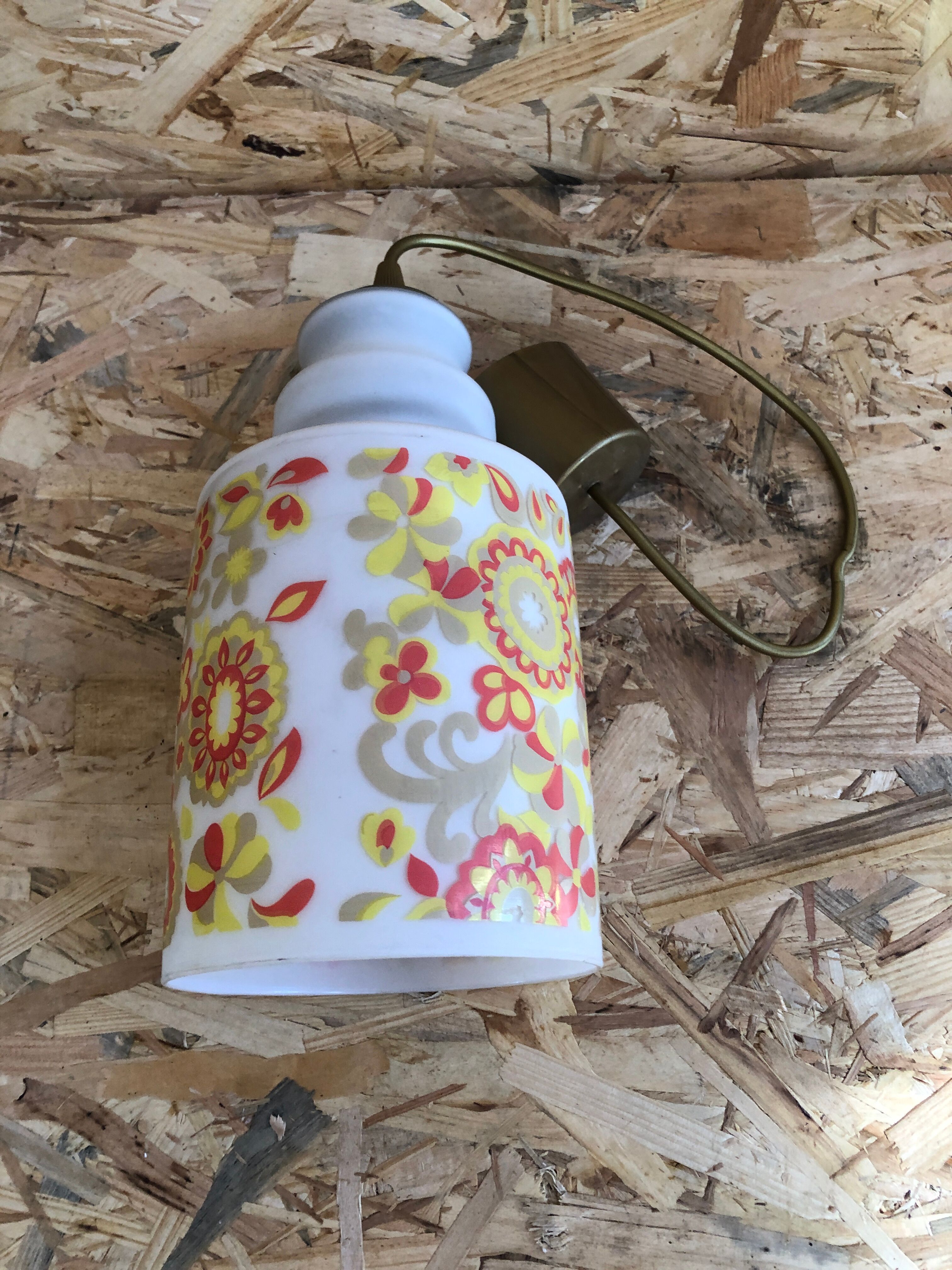 Old White Opaline Pendant Lamp + Yellow Orange Decor 70s Vintage