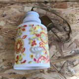 Ancienne Suspension Opaline Blanche + Décor Jaune Orange Années 70 Vintage