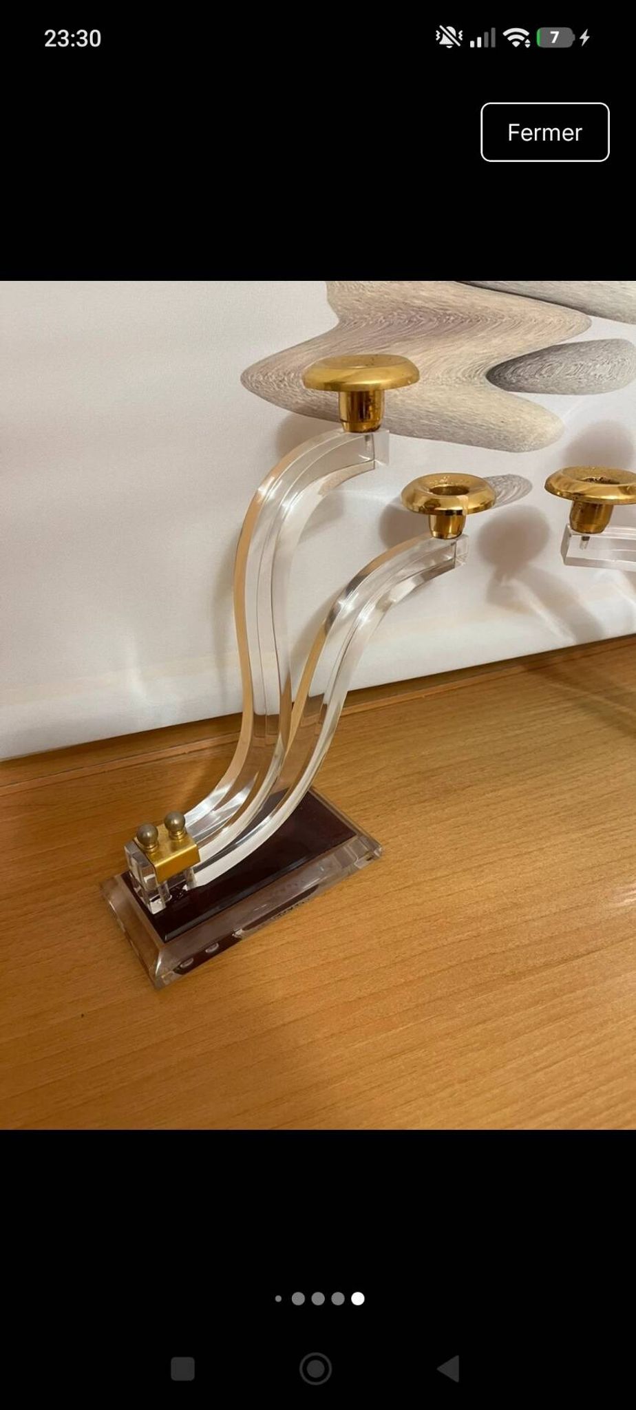 Chandelier 3 branches en lucite (plexiglas) et laiton doré – Style Hol