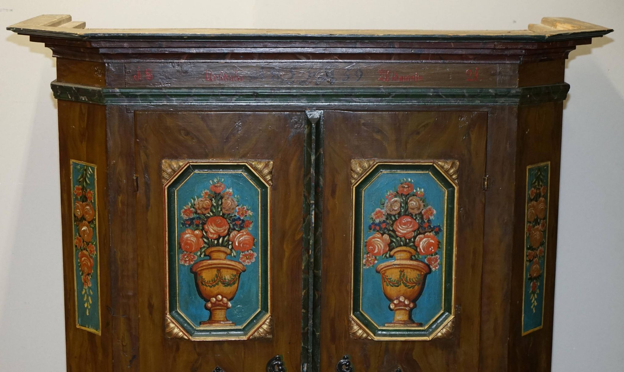 Armoire de mariage allemande peinte à la main, ancienne, 1829-1851
