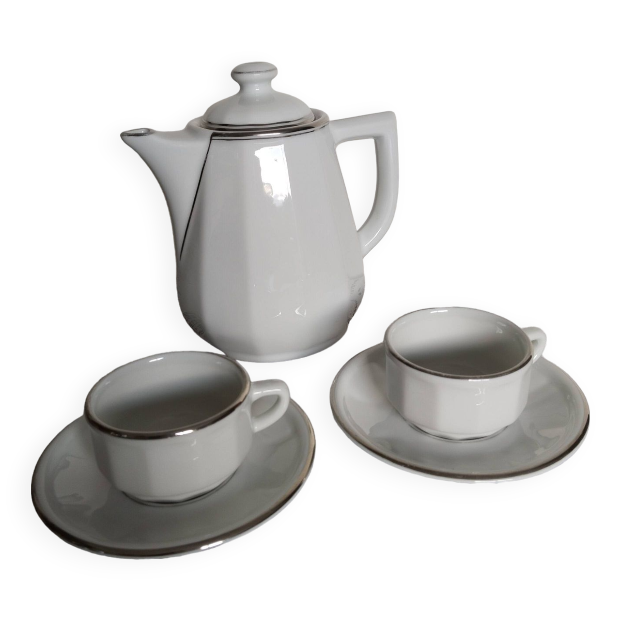 Apilco white and silver coffee maker and bistro cups, vintage French