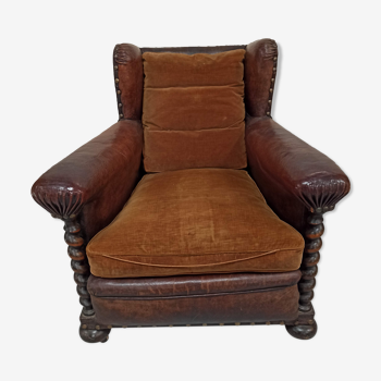 Club armchair with ears leather studded velvet old