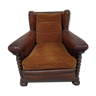 Club armchair with ears leather studded velvet old