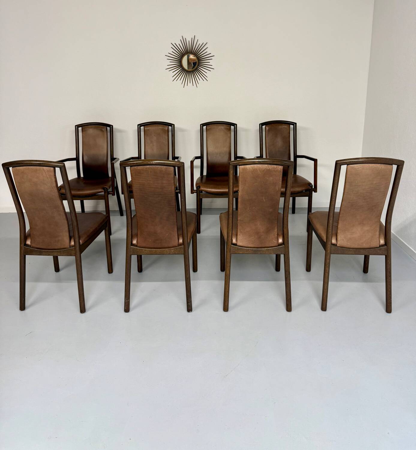 Set of 8 wooden and thick leather armchairs, Girsberger design, 80s