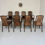 Set of 8 wooden and thick leather armchairs, Girsberger design, 80s