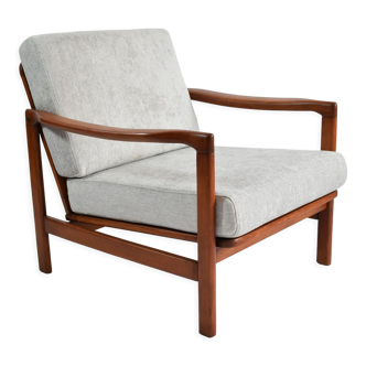 Scandinavian original armchair Baczyk, 1960s, renovation, grey fabric, teak