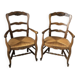 2 Louis XV style oak straw armchairs