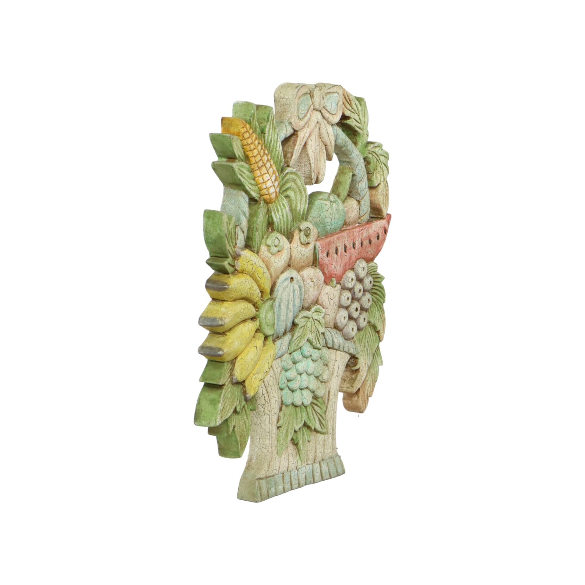 Vintage Fruit Basket with Bow Wood Carving Hand Painted Crackle Wall Decoration 41cm