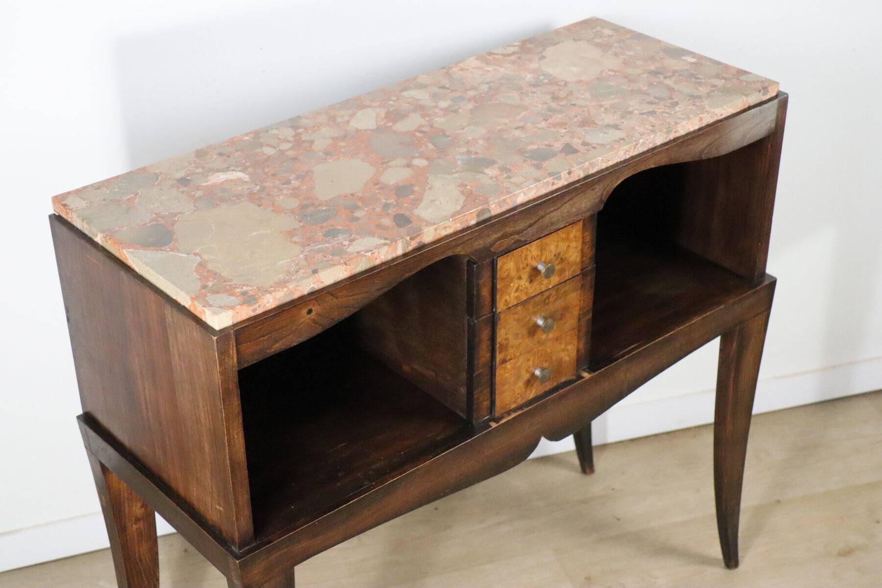 Vintage wooden and marble console table – classic style curved legs, 1950s