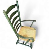 Vintage transparent green wooden arm chair / rush seat / high back ladder chair