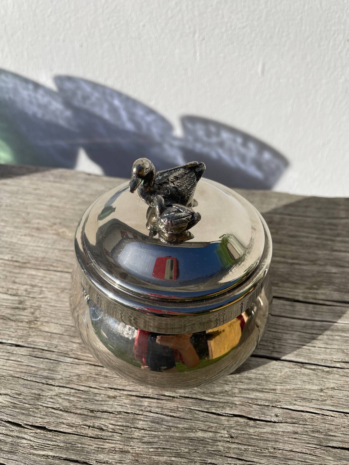 Silver-plated metal box or sugar bowl with ducks