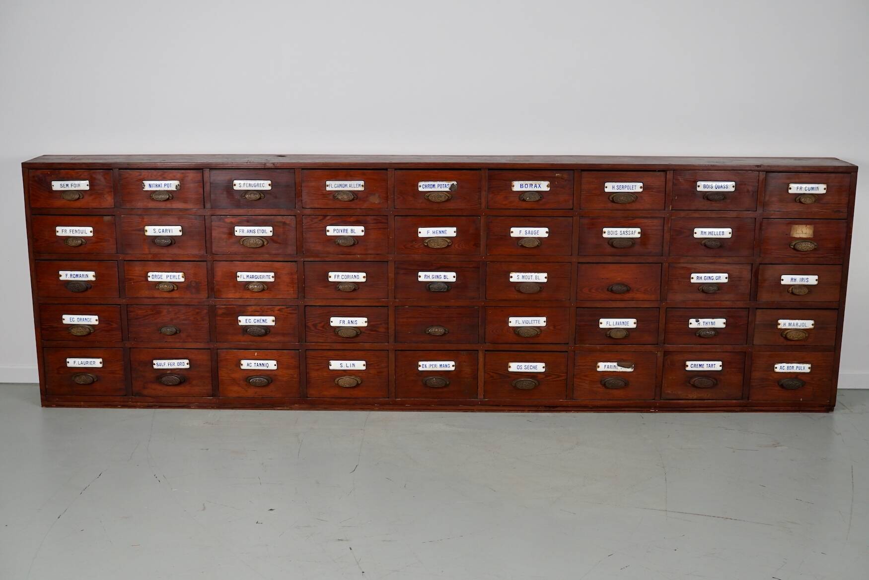 Large Antique Belgian Pitch Pine Apothecary Cabinet with Enamel Shields, 1900s